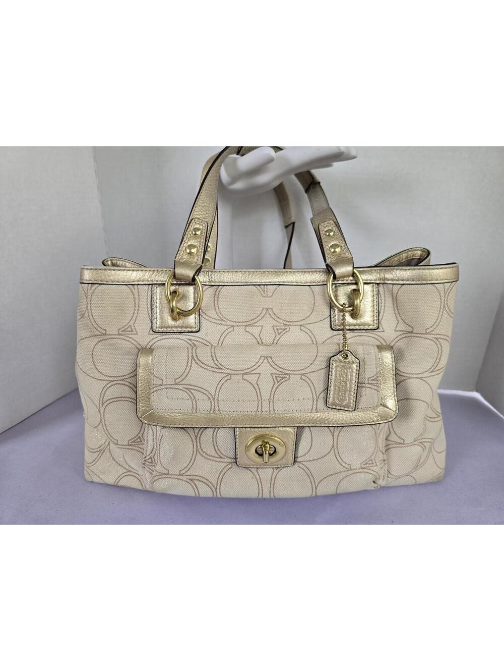Coach Penelope Signature Beige Canvas Tote Bag with Gold Leather Trim
